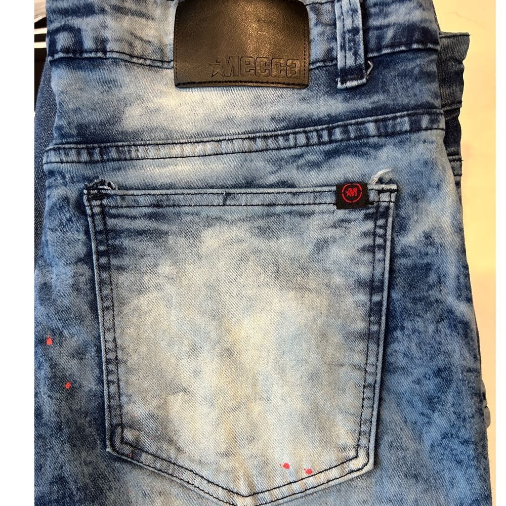 Mecca‎ Moto Jeans 36 Men's Blue Acid Wash Paint Splatter Slim Stretch Streetwear